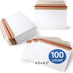 May include: White envelopes with a brown and red closure strip. The envelopes are 4.5 x 6.5 inches. One envelope has a blue circle with the text "100 COUNT". A stack of envelopes is visible in the image.