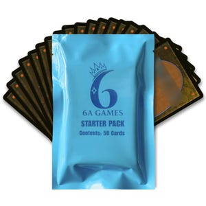May include: A light blue starter pack for 6A Games, containing 50 cards, with a crown logo. The pack is surrounded by a fan of dark-edged cards with orange accents.