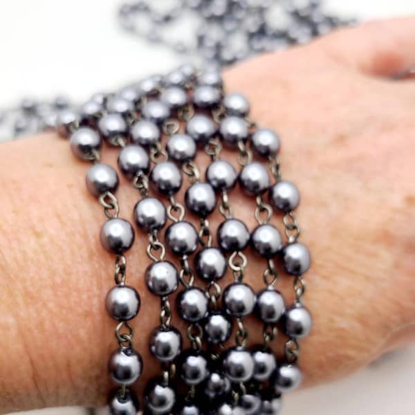 Rosary Chain, Beaded Chain, Pewter Grey Pearl Bead and Black link Chain, Bead Chain, Jewelry Chain, Hard Acrylic Bead Chain ~ 6mm bead