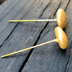 May include: Two gold-colored stick pins with oval-shaped heads. The pins are set against a dark, textured surface. The pins have a simple, elegant design, suitable for various uses.