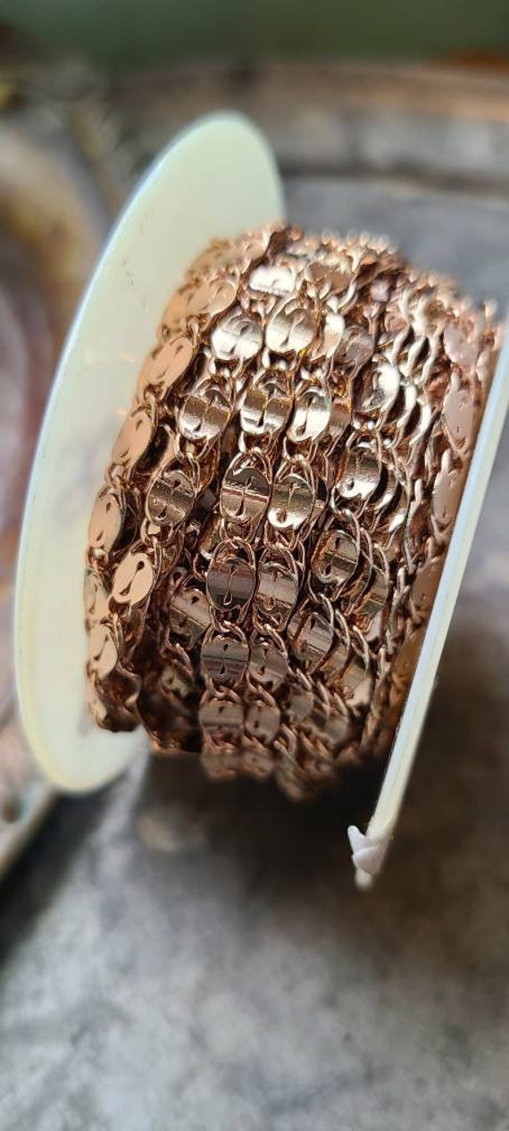 Vintage Rolled Oval Bar Chain ~ Plated Rose Gold Petite Chain ~ Unique Copper Chain - Bright Rose gold - Minimalist style chain ~ 1 foot