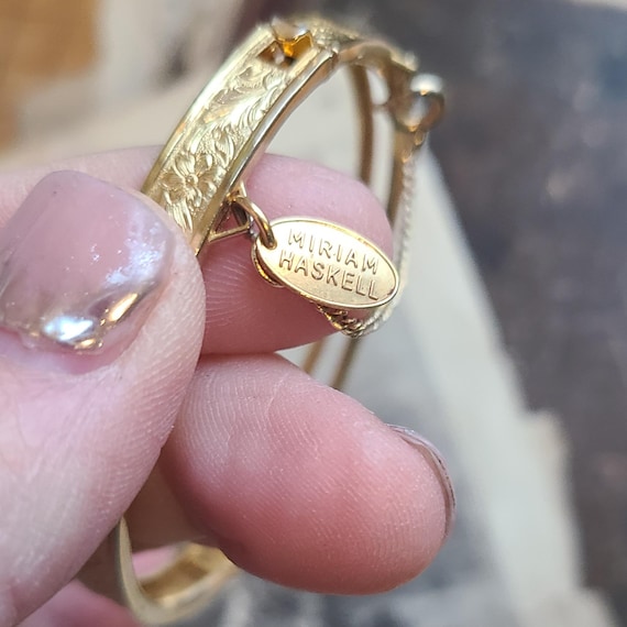 Signed Vintage Etched Miriam Haskell Gold Plated … - image 1