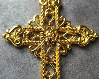 Large Substantial Gold Renaissance Cross Pendant gold plated, Metal, 64mm X 45mm, 2.5&quot; x 1.75&quot; Amazing quality, weighty, French Gothic style