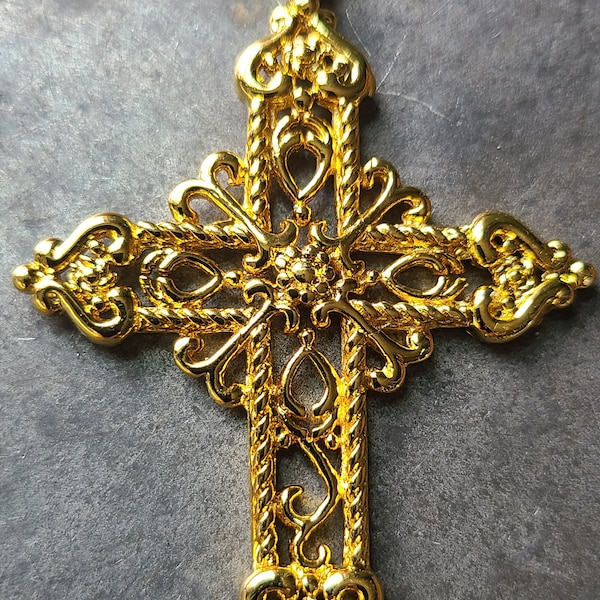 Large Substantial Gold Renaissance Cross Pendant gold plated, Metal, 64mm X 45mm, 2.5" x 1.75" Amazing quality, weighty, French Gothic style