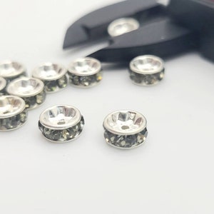 20 Vintage Swarovski Rhinestone Rondelles ~ silvertone rhondelle ~ Black Diamond 5mm, 7mm VF130 image 4