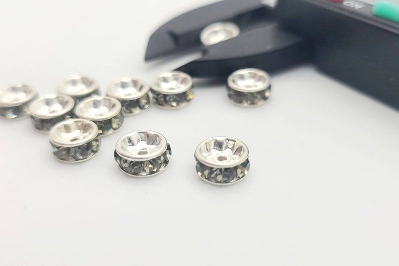 20 Vintage Swarovski Rhinestone Rondelles ~ silvertone rhondelle ~ Black Diamond 5mm, 7mm VF130 image 4