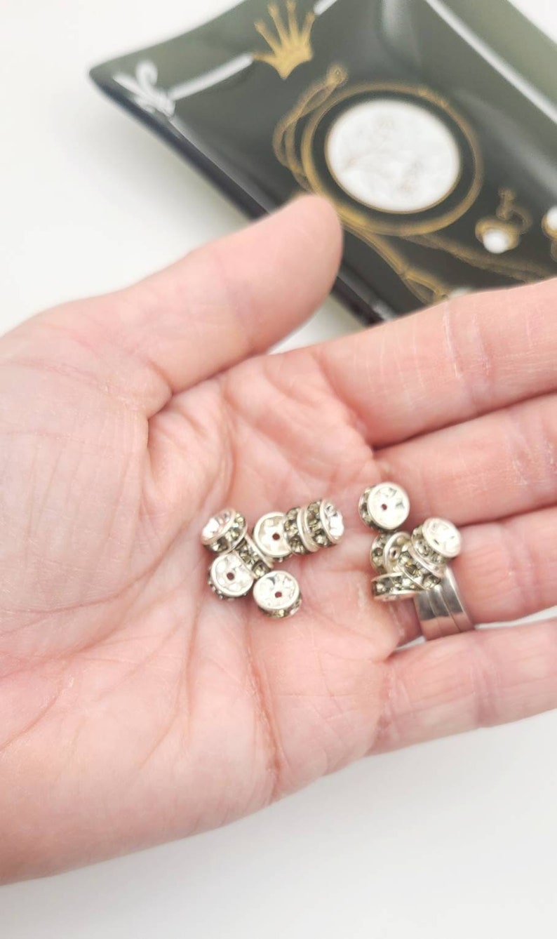 20 Vintage Swarovski Rhinestone Rondelles ~ silvertone rhondelle ~ Black Diamond 5mm, 7mm VF130 image 3