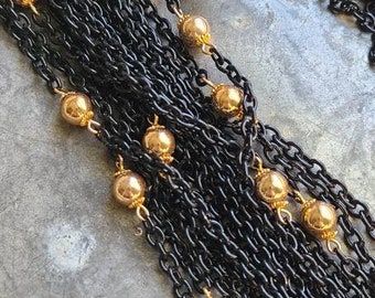 Cherry Brand Vintage Japanese Black Cable and gold bead Chain ~ black plated steel alloy chain with gold beads ~ not plastic ~ 5 feet