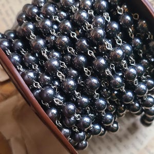 Rosary Chain, Beaded Chain, Black Pearl Bead and Black link Chain, Bead Chain, Hard Acrylic Bead Chain ~ 8mm~ sold by the foot, VCHN103
