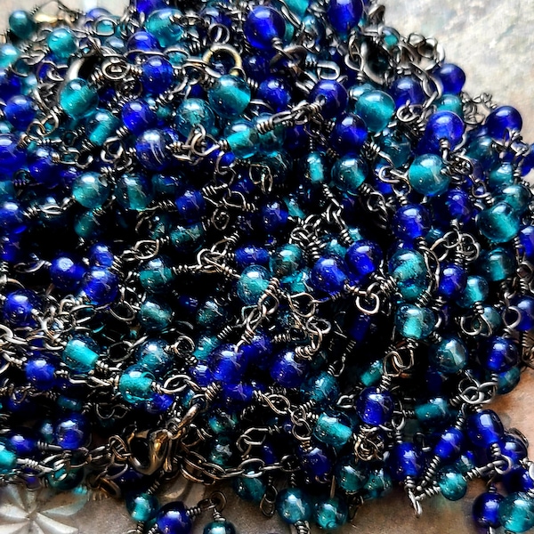 Vintage hand linked glass bead chain from India ~ blue bead chain ~ blue and green  bead chain ~ finished with clasp ~ delicate glass bead