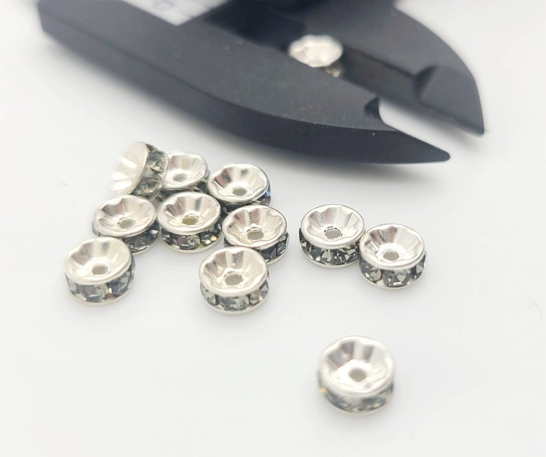 20 Vintage Swarovski Rhinestone Rondelles ~ silvertone rhondelle ~ Black Diamond 5mm, 7mm VF130 image 6