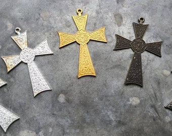Vintage Embossed Cross Pendant 64mm, Silver, Patinaed Silver,  Bronze, Gunmetal, Simple Cross Pendant Charm, Miriam Haskell old dead stock