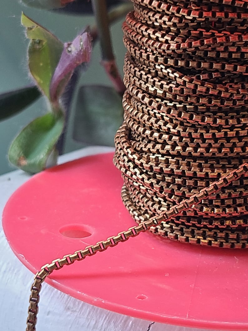 May include: Close-up of a spool of bronze-colored chain. The chain is a box style, with each link square. The spool is resting on a pink plastic disc. A plant with green and purple leaves is in the background.