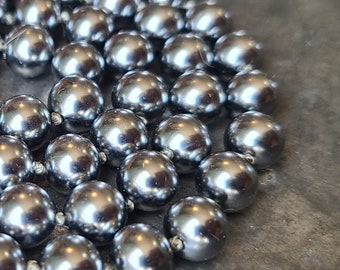 Vintage strand, Glass, metallic steel gray Japanese Pearl ~ from Haskell Supplier~ 8mm, 15.5" Grey Round Pearls knotted with bead tip ends,
