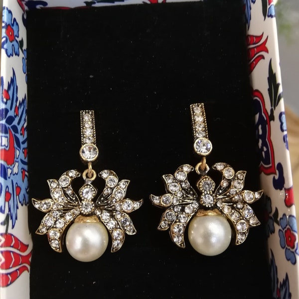 Turkish Jewelry Handmade Ottoman Style Pearl Earring  With Rhinestones