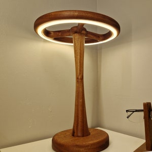 Handcrafted Sapele Wood Bedside Table Wooden Lamp with Touch Sensor, Warm White LED