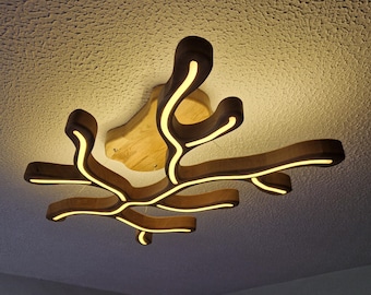 Wooden LED Ceiling Light fixture, Direct Indirect Flush Mount Pendant Lamp, Dimmable Compatible