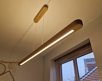 Handgefertigte Anhänger Eiche Led Licht Aufhängung, moderner Kronleuchter für Esszimmer Lampe, hängende Minimalist Design, lineare Holz Beleuchtung 110cm