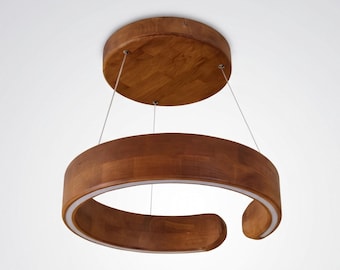 Solid Oak LED Ring Pendant Light, 18 Inch Modern Wood Ceiling Light Fixture