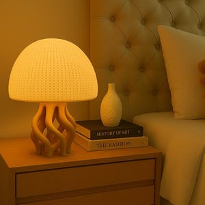 May include: A white ceramic lamp shaped like a jellyfish with a textured dome and a base with three curved legs. The lamp is on a wooden bedside table with two drawers. The bedside table has two books on top of it, one titled "History of Art" and the other titled "The Fashion".