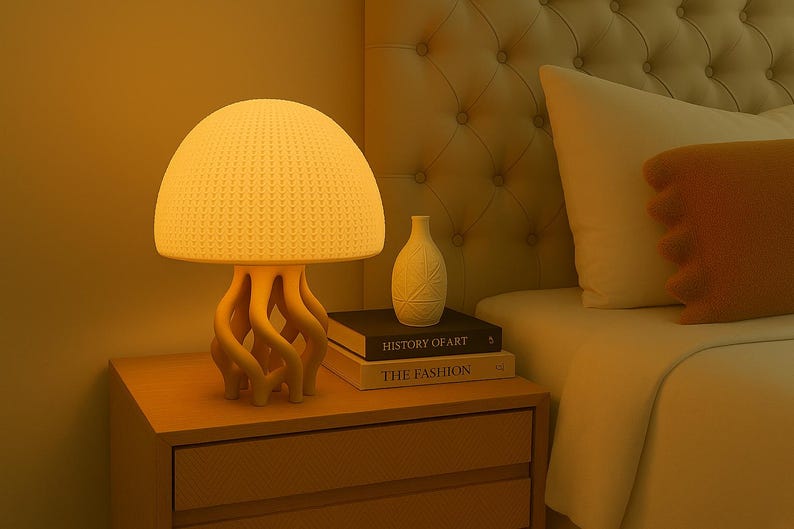 May include: A white ceramic lamp shaped like a jellyfish with a textured dome and a base with three curved legs. The lamp is on a wooden bedside table with two drawers. The bedside table has two books on top of it, one titled "History of Art" and the other titled "The Fashion".
