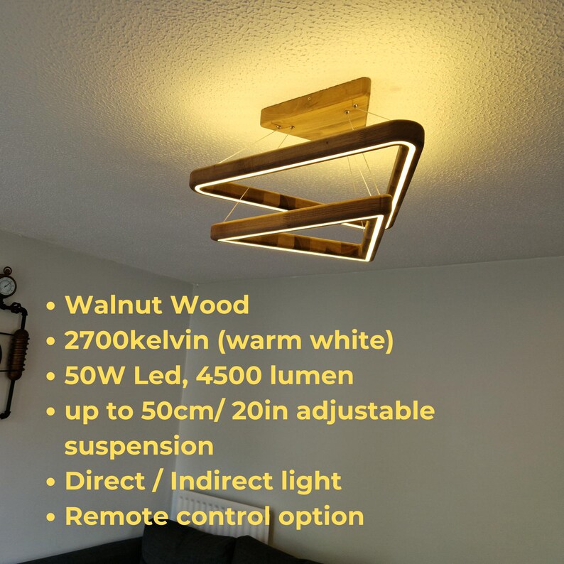 May include: A wooden triangle pendant light with three tiers. The light is made of walnut wood and has a warm white LED light with a 50W power and 4500 lumens. The light is adjustable up to 20 inches and has a remote control option.