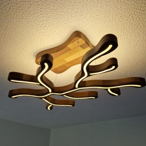 Peut inclure: Luminaire de plafond moderne en bois. Il présente une base en bois naturel et des branches incurvées brun foncé avec des lumières LED blanches chaudes intégrées. Le luminaire est monté sur un plafond blanc, offrant un éclairage artistique.