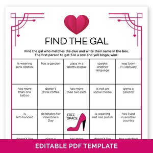 Redigerbar Galentines Hitta gästen-bingo, roligt isbrytarspel för en Galentines dag-fest, Hitta någon som är mänsklig bingo, Mix & Mingle-bingo