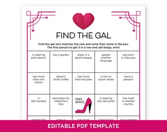 Editable Galentine's Find the Guest Bingo, Fun Icebreaker Game for a Galentine's Day Party, Find Someone Who Human Bingo, Mix & Mingle Bingo