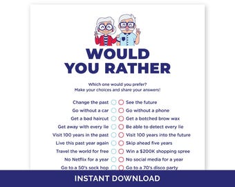 Puede incluir: Una tarjeta de juego imprimible con el texto "WOULD YOU RATHER" y una lista de opciones humorísticas. La tarjeta presenta ilustraciones de dibujos animados de una pareja de ancianos. La parte inferior de la tarjeta dice "INSTANT DOWNLOAD".