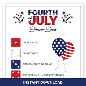 Fourth of July Drunk Dice Game, Printable 4th of July Party Drinking Game for Adults, Independence Day Drink Dice Office Party Game