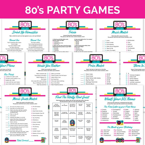 80s Party Games, Printable Games Bundle for an 80s-Themed Party, Fun Games for an 80s Birthday Party or 80s Bachelorette, 1980s Trivia Games
