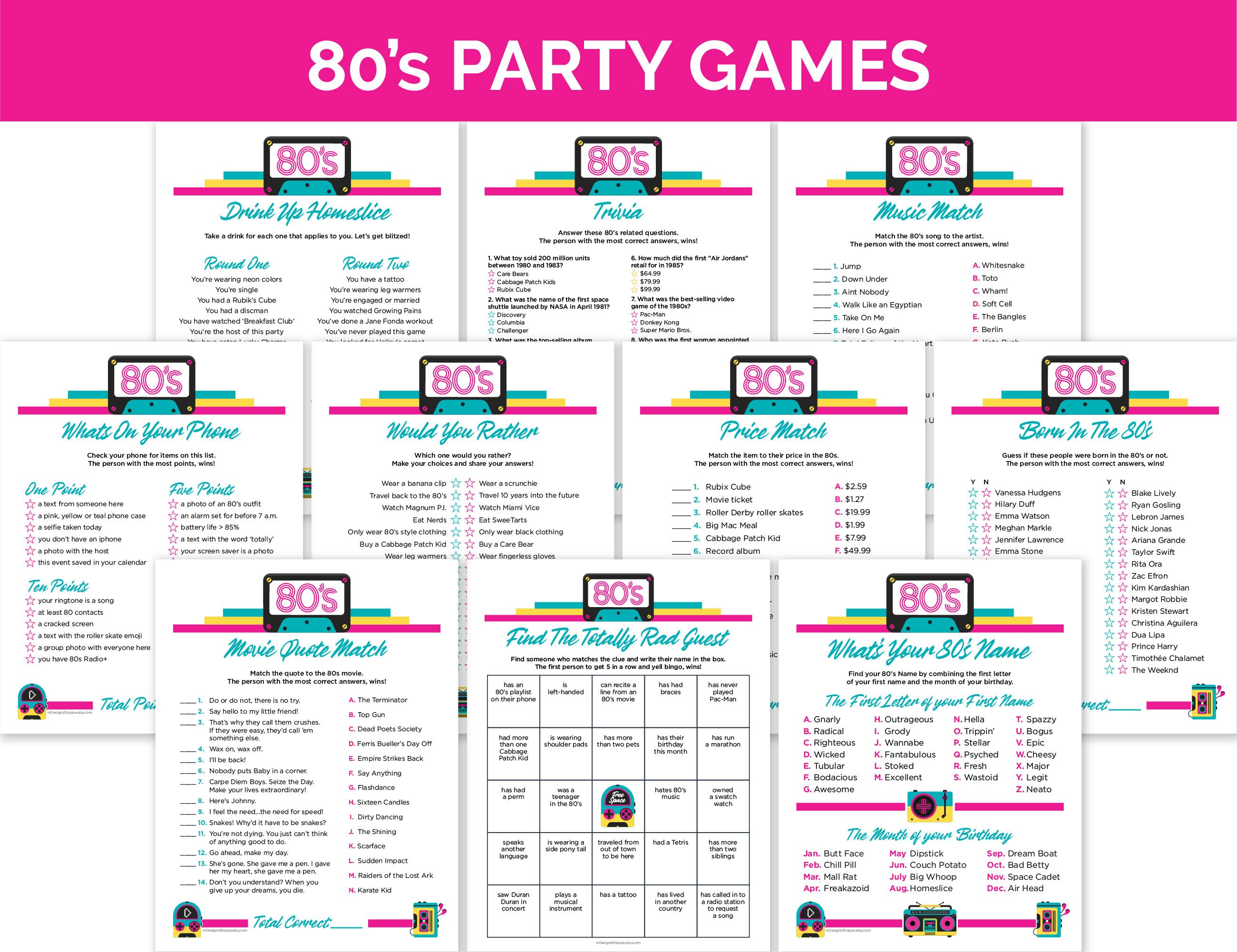 80s Party Games Printable Games Bundle For An 80s themed Party Fun 80s Party Games Printable Games Bundle For An 80s themed Party Fun