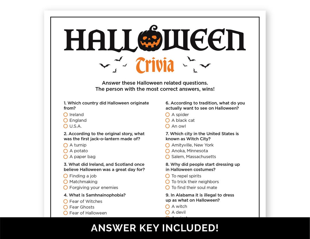 Halloween Trivia Game, Printable Quiz With Answers for a Family