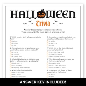 Jeu-questionnaire d'Halloween, quiz imprimable avec réponses pour une fête d'Halloween en famille, au bureau ou dans une salle de classe, activité d'Halloween pour adultes et enfants