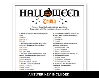 Halloween Trivia Game, Printable Quiz with Answers for a Family, Office or Classroom Halloween Party, Halloween Activity for Adults & Kids