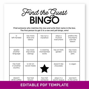 Bewerkbaar Vind de gastbingo, Ijsbrekerspel voor feestjes, Zoek iemand die bingo, Leer je kennen teambuildingspel, Mix & Mingle Bingo