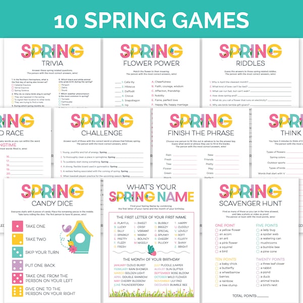 Spring Games Bundle, Printable Spring Party Games for Kids, Teens and Adults, Spring Classroom Activities, Spring Theme Games for Seniors.