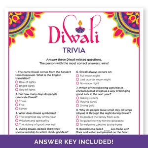 Juego de trivia de Diwali, cuestionario imprimible con respuestas para una fiesta de Diwali, juego del Festival de las Luces para adultos, adolescentes y niños, juego de aula de Diwali.
