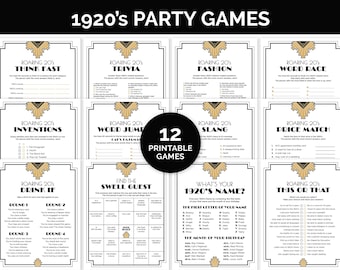 1920 年代のパーティー ゲーム、活気あふれる 1920 年代のパーティー用の印刷可能なゲーム バンドル、グレート ギャツビー 100 歳の誕生日パーティー用のゲーム、20 年代のトリビア ゲーム。