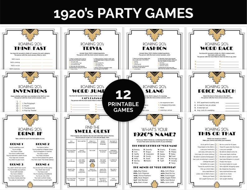 以下が含まれることがあります： 1920 年代をテーマにした、印刷可能なパーティーゲームが 12 個あります。各ゲームは、黒と白のデザインに金色のアクセントと幾何学模様が施されています。ゲームには、Think Fast、Trivia、Fashion、Word Race、Inventions、Word Jump、Slang、Price Match、Drink If、Find the Swell Guest、What's Your 1920's Name、This or That が含まれています。