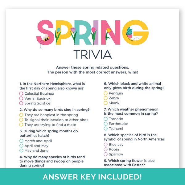 Spring Trivia Game, Printable Spring Quiz with Answers for a Family, Classroom or Church Party, Educational Spring Game for Adults and Kids