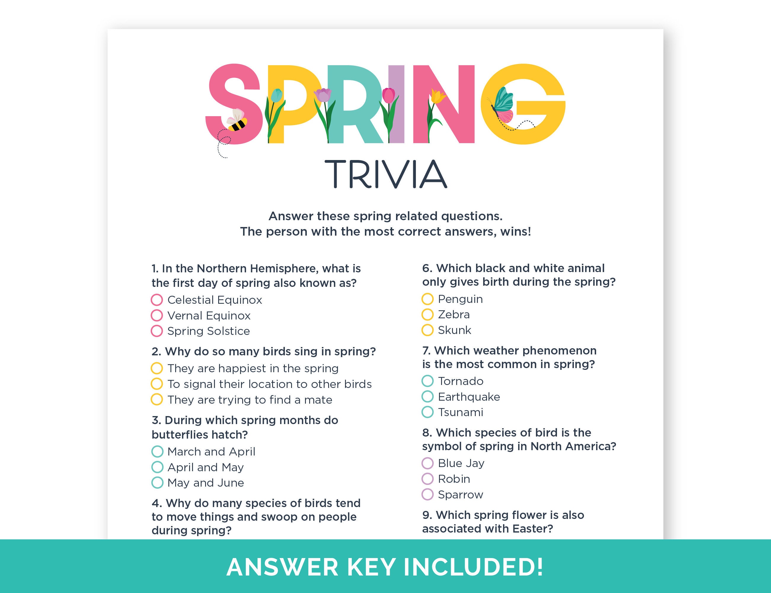 Spring Trivia Game, Printable Spring Quiz With Answers for a Family ...