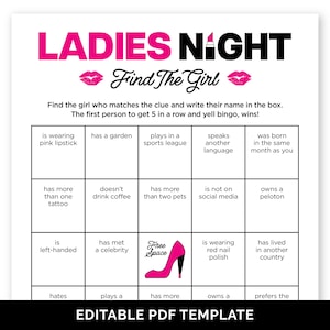 Juego de bingo para la noche de chicas, juego de fiesta para romper el hielo editable para una noche de chicas, despedida de soltera o soltera, encuentra a alguien que te guste. Bingo para romper el hielo