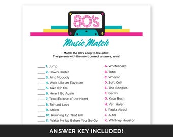 Juego de trivia musical de los 80, juego de trivia musical para una fiesta temática de los 80, juego de combinación de música de los 80 para una fiesta de cumpleaños número 40, juego de fiesta de regreso a los 80.