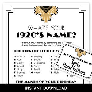 Op de afbeelding: Een zwart-wit printbaar spel met de titel "What's Your 1920's Name?" met een bijpassende kaart met de tekst "My 1920's Name is Spiffy Horse Feathers." Het spel bevat een lijst met namen en maanden.
