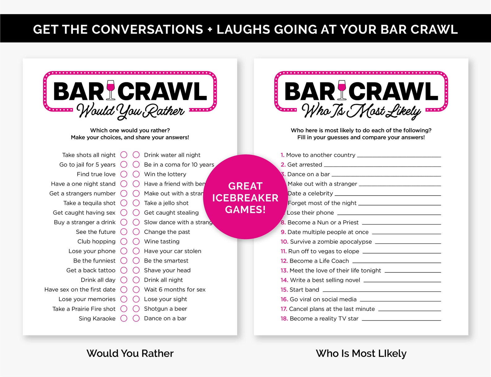 Bar Crawl Games Bundle, Printable Bar Hopping Games for a Birthday Bar