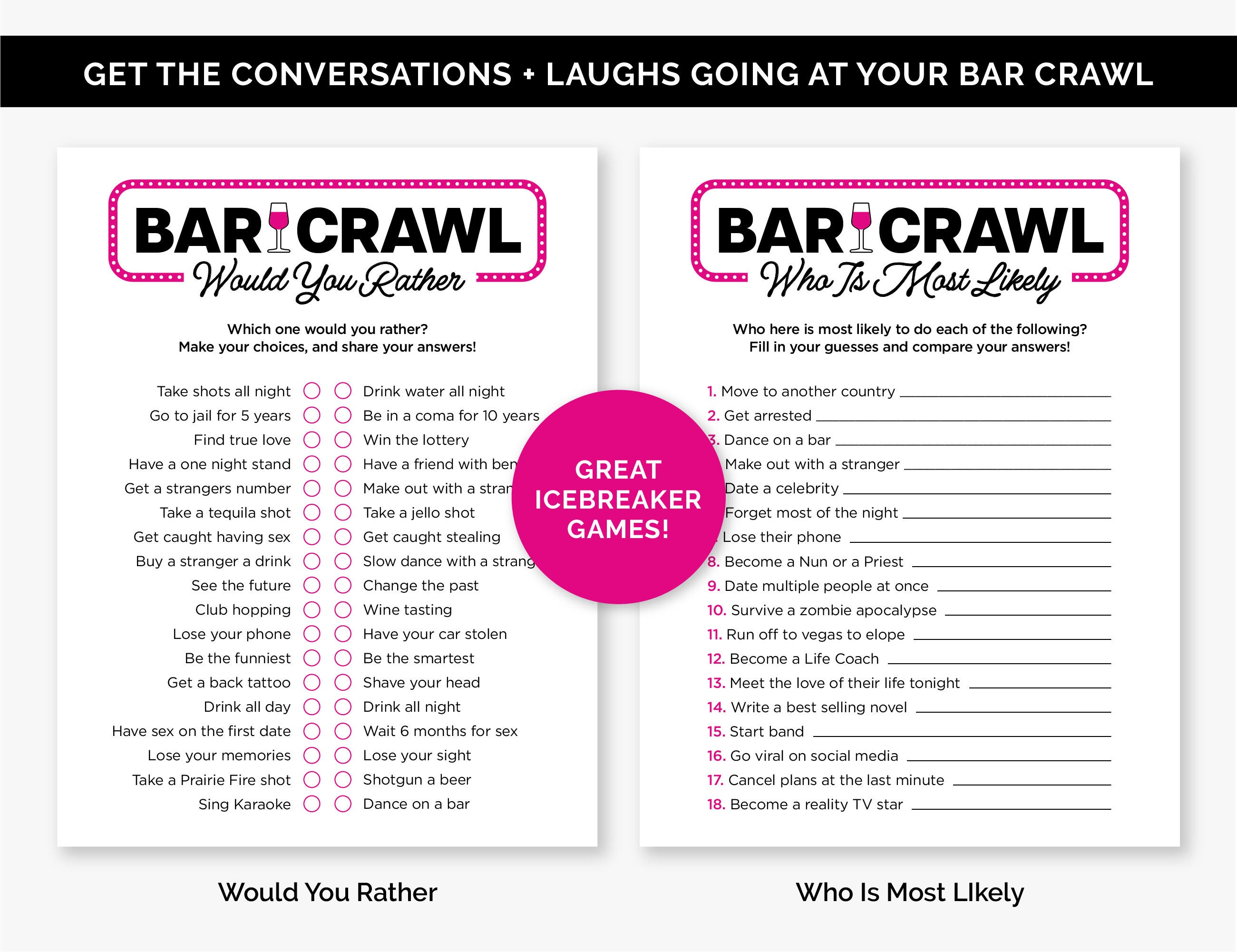 Bar Crawl Games Bundle Printable Bar Hopping Games for a Etsy