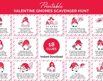 Valentine's Day Scavenger Hunt for Kids, Printable Indoor Treasure Hunt with Valentine Clue Cards, Fun Valentine Gnomes Treasure Hunt Game.