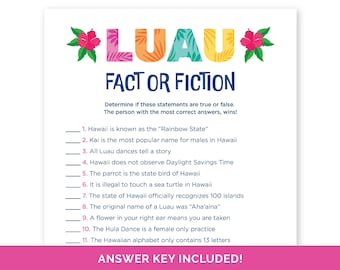 Luau Fact or Fiction, Hawaiian Quiz for a Tiki Party, True or False Game for a Tropical Birthday, Hawaii Trivia for an Aloha Summer Party.